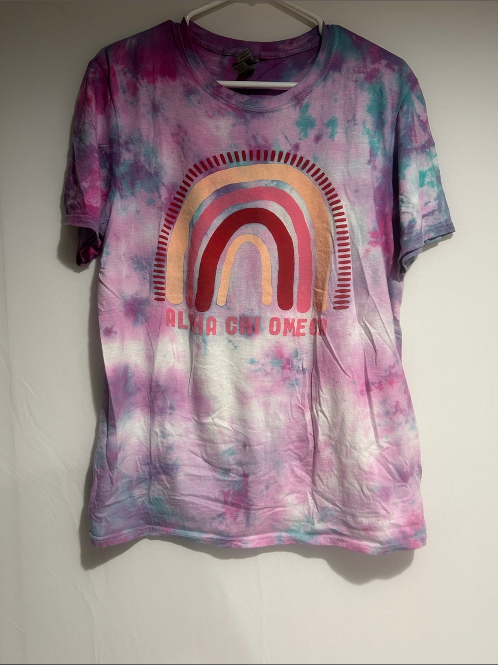 Alpha Chi Omega Pink Purple Tie-Dye Rainbow Graphic Tee